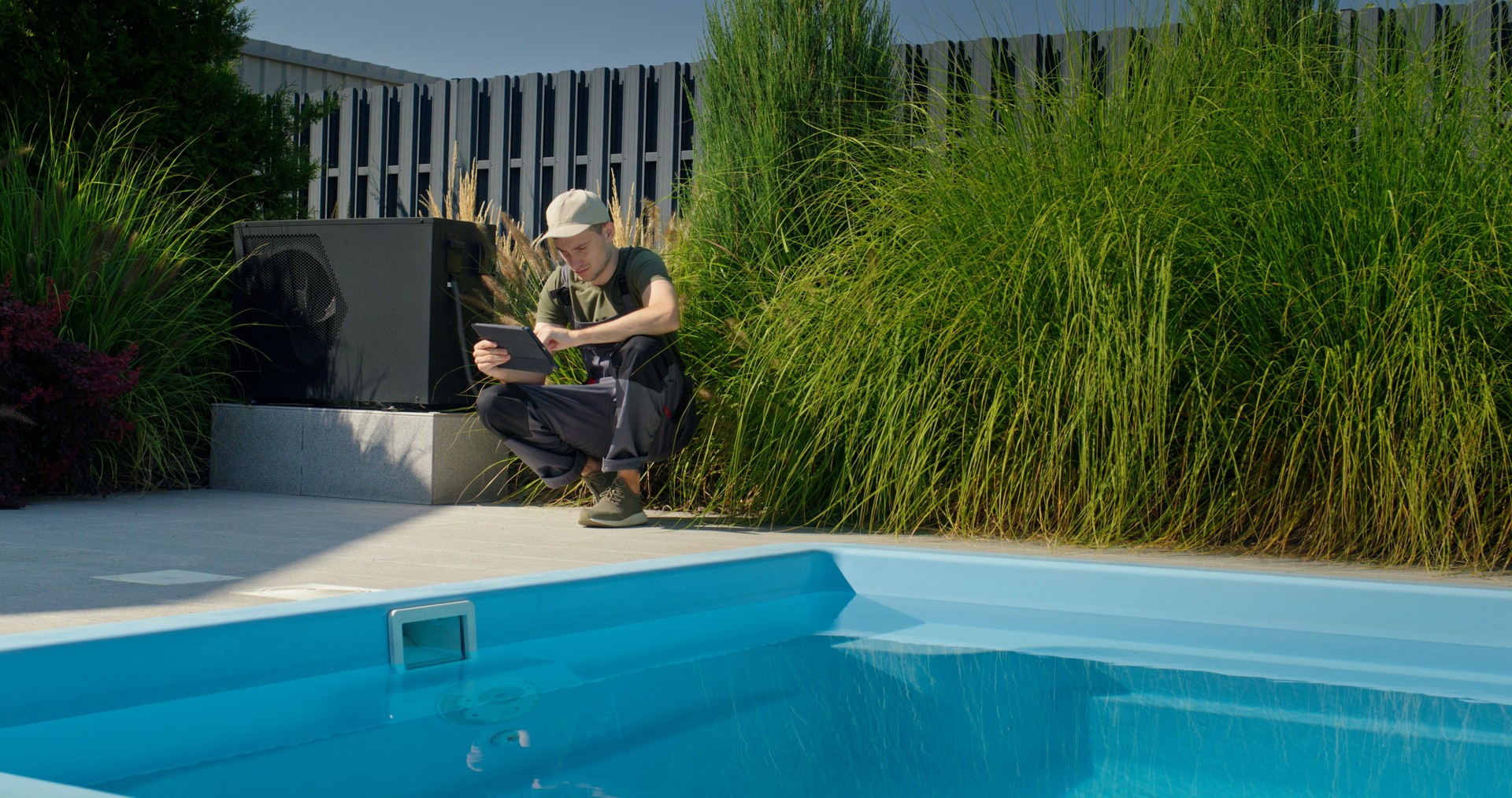 Technician working by the pool, checking a tablet while surrounded by greenery.